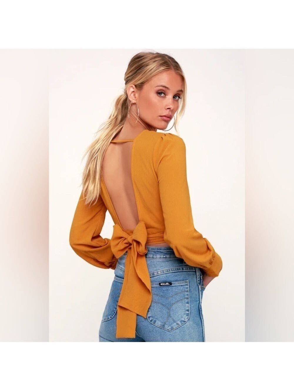 J.O.A. Mustard Brighten Your Day Long Sleeve Backless Crop Top Wrap Blouse Small